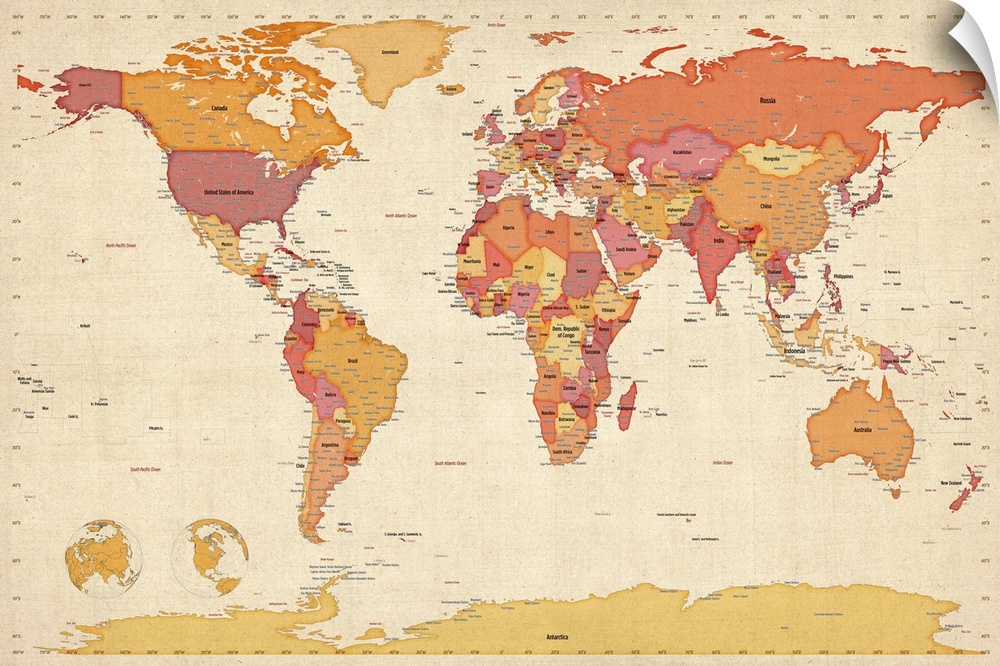 World map labeled with all the countries and oceans in warm color tones.