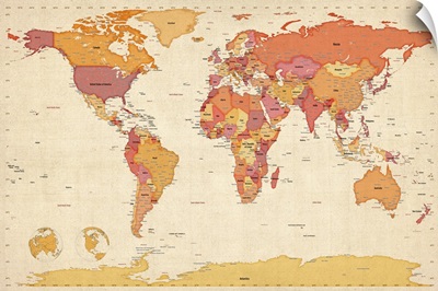 World map showing latitude and longitude - orange