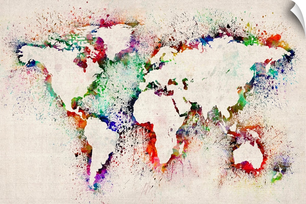 Large illustrated world map shows the placement of countries by outlining them with a vibrant assortment of paint splashes.