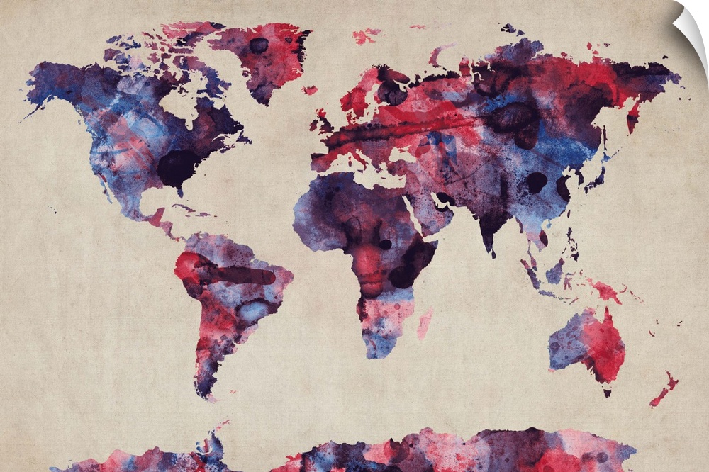 World Map Watercolor, Red and Blue