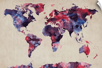 World Map Watercolor, Red and Blue