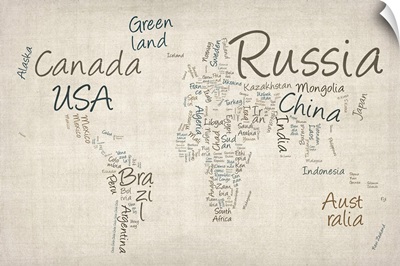 World map with countries made up of text names