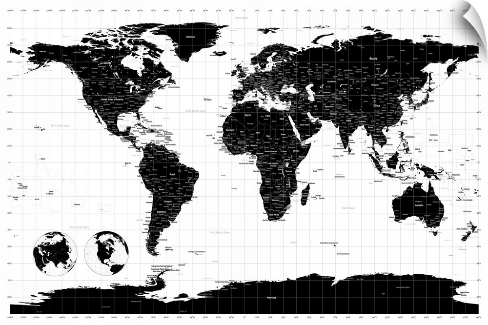 Horizontal, large wall hanging of the world map in black, on a white background, with longitude and latitude lines.