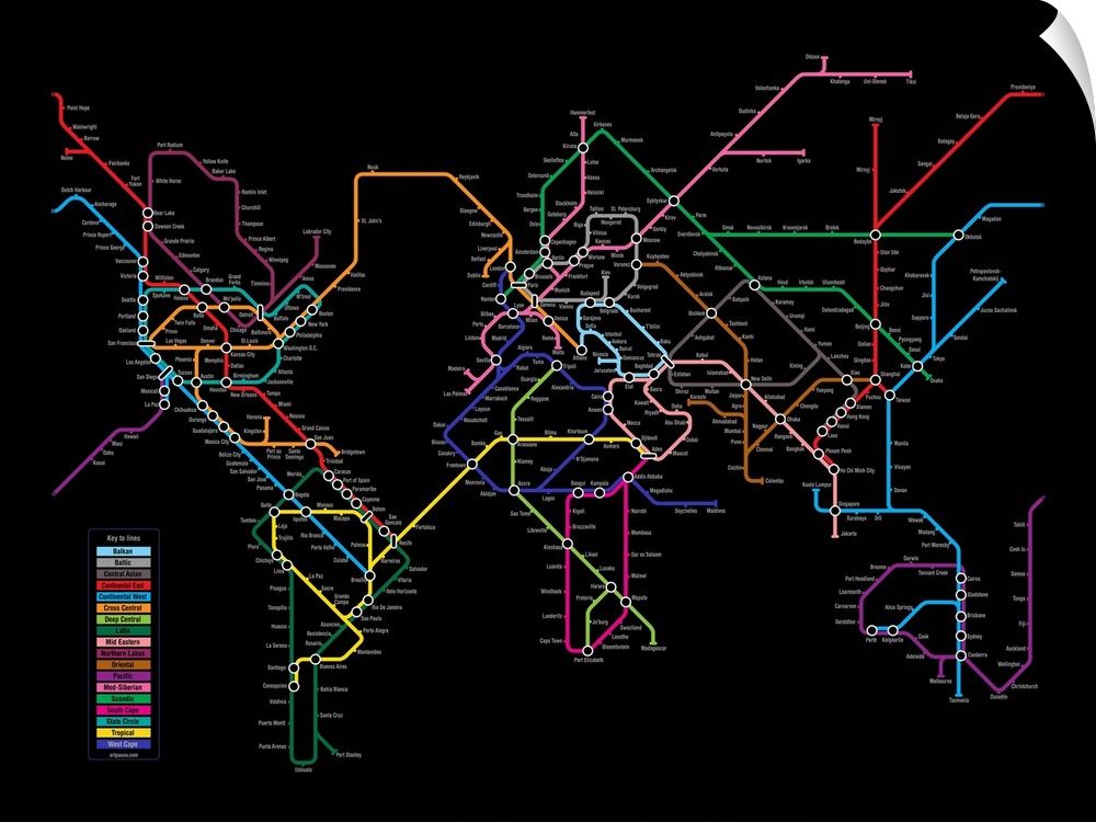 World Map in iconic style of a Tube / Metro / Subway / Underground System Map, with cities around the world linked in the ...