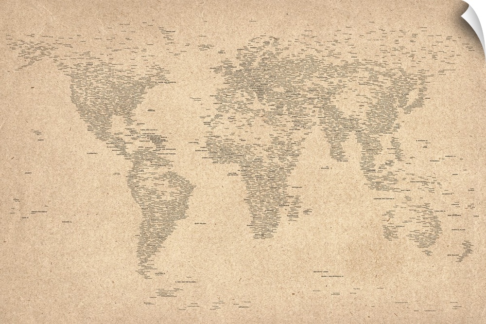 Large, horizontal wall art of the map of the world with each country name spelled out in text.