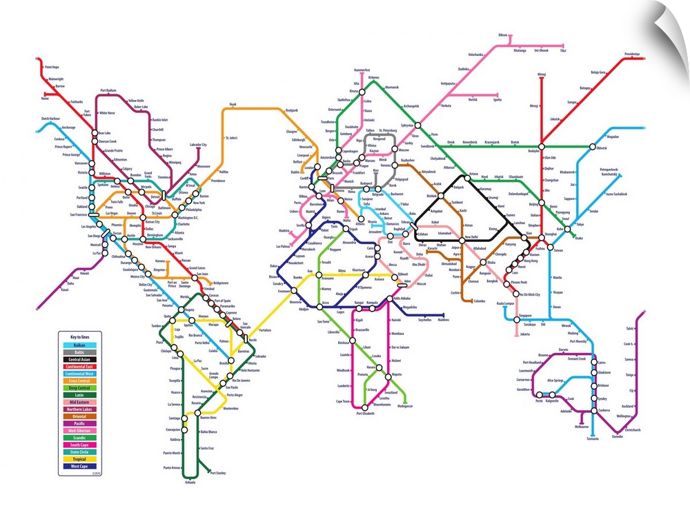 A world map recreated as a public transit map on a blank background with cities of the world as stops on the routes.