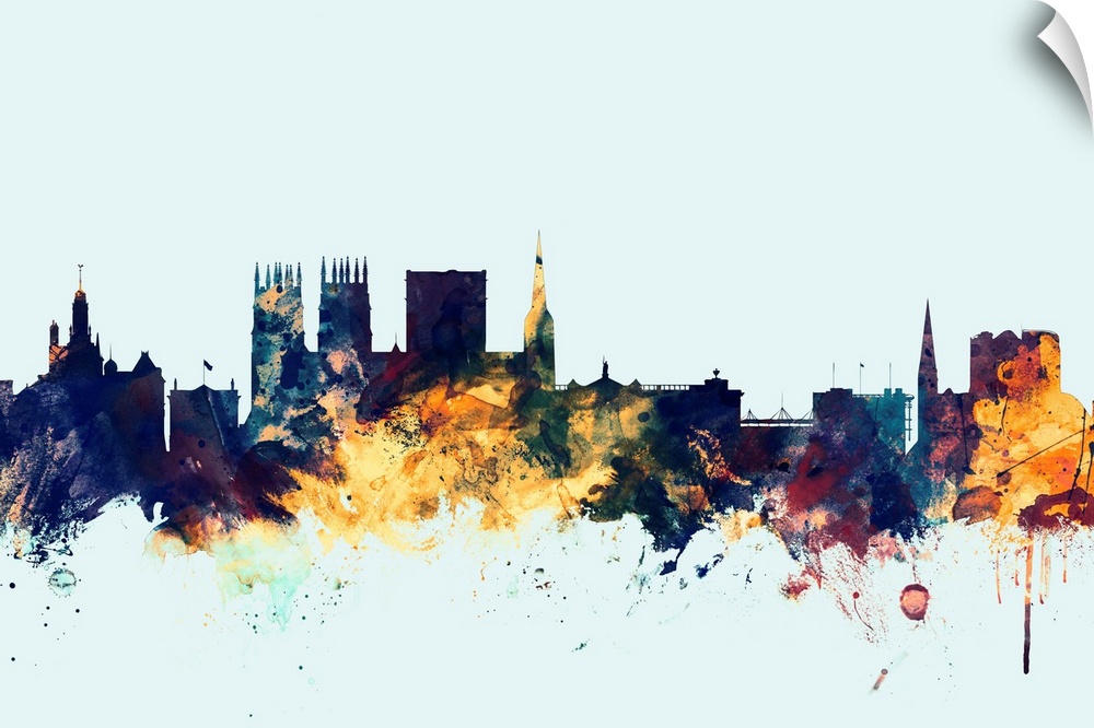 Dark watercolor silhouette of the York city skyline against a light blue background.