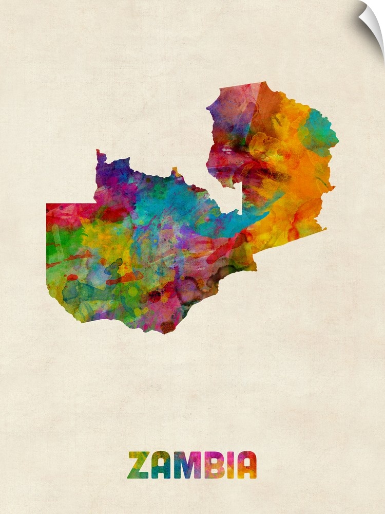 A watercolor map of Zambia.