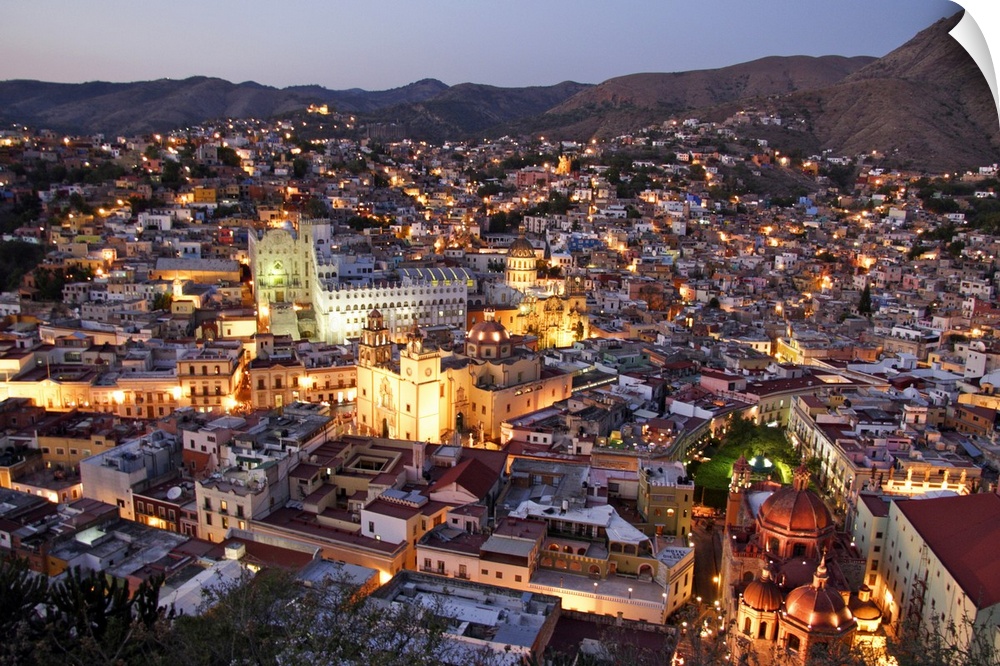 Mexico, Guanajuato: center left University, center right the Cathedral, right the Zocalo, park and gazebo, in the city center