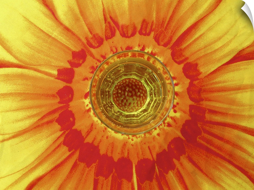 Glass of soda, Cedrata (typical italian soda citric flavored) and tournesol tablecloth.