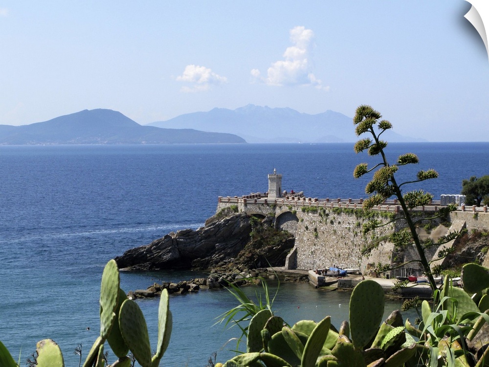 Piombino, Tuscany coast in Summer time; Tyrrhenian sea. Ferry boat passing by, connecting mainland with the archipelago. A...