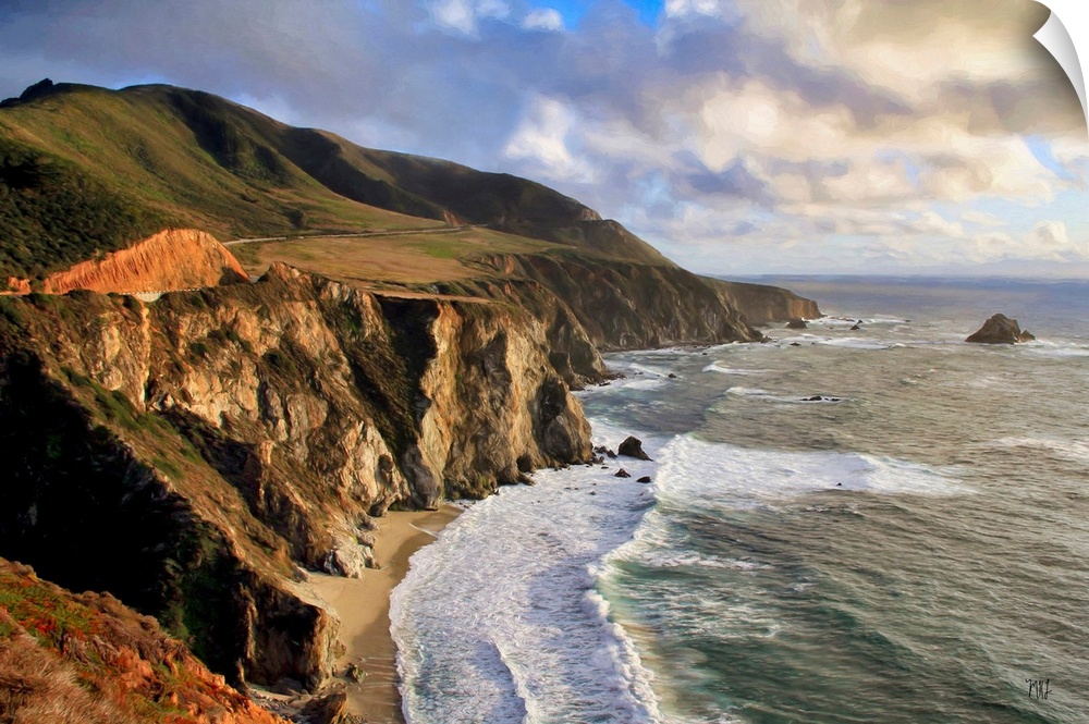 A view from the spectacular mountains and cliffs just south of the Bixby Bridge in Big Sur. Acclaimed artist Michael Lynbe...
