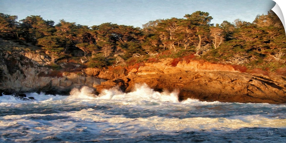 The setting sun casts a warm glow as waves surge against the rocky coastline of Cypress Grove in the Point Lobos State Res...