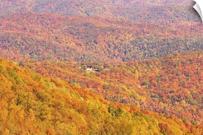 A home surrounded by colorful fall forests on the Blue Ridge Parkway