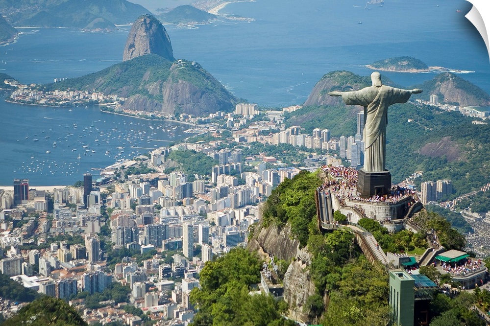 Aerial of the Christ the Redeemer statue overlooking Rio de Janeiro.
