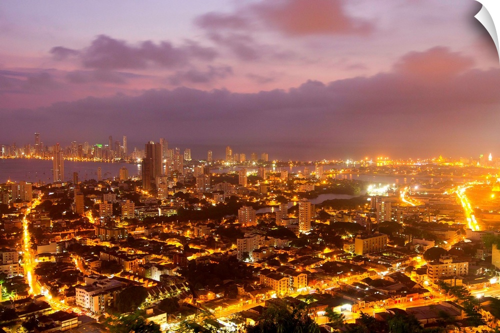 Overlooking Cartagena, Colombia lit up at night.