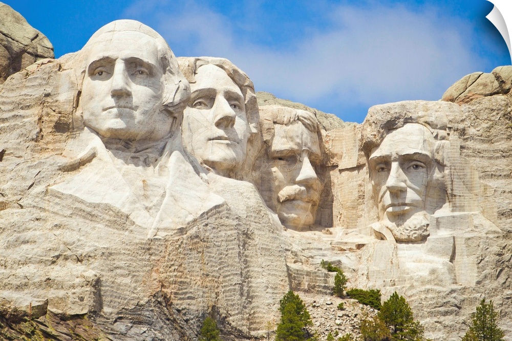Low angle view of the sculpted images of American presidents Washington, Jefferson, Theodore Roosevelt, and Lincoln, at Mo...