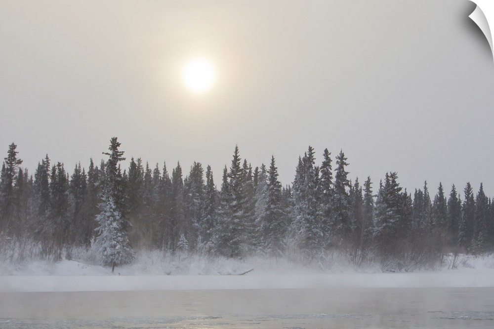 The sun glowing through thick clouds in subzero temperatures along the Yukon River.