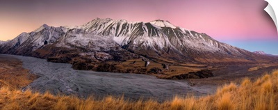 Alpenglow after sunset above Clyde River, Canterbury, New Zealand