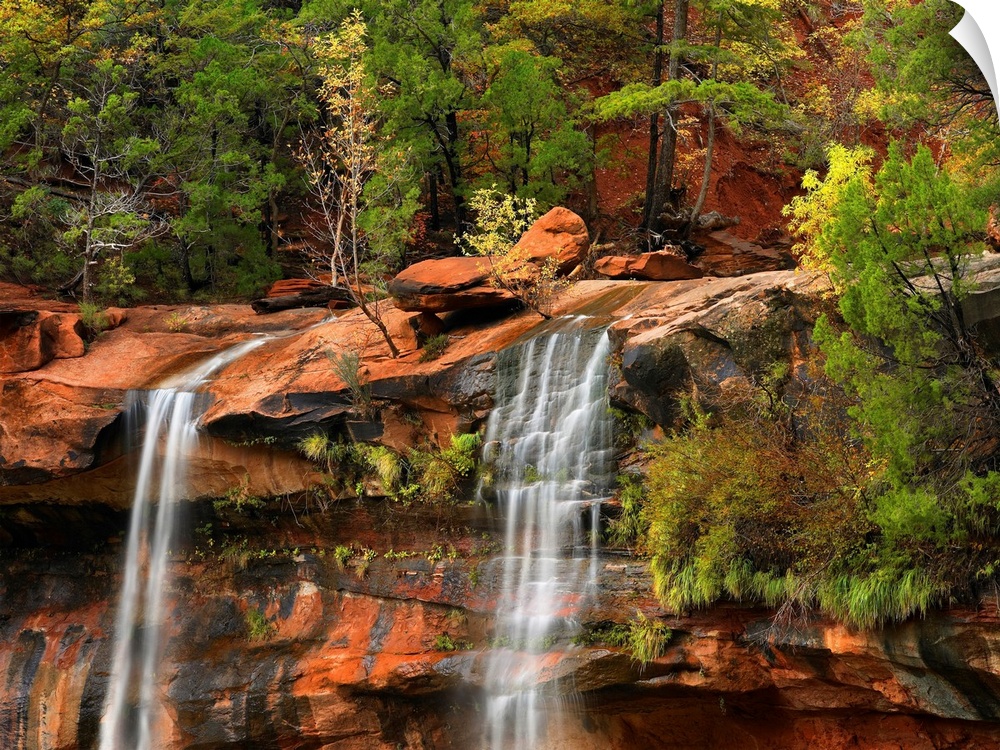 Big canvas print of two waterfalls trickling down a rocky cliff in Utah.