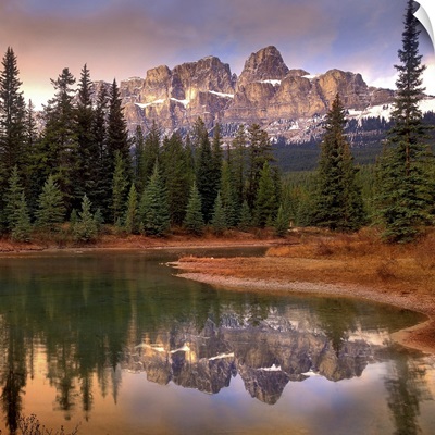 Castle Mountain and boreal forest reflected in lake, Banff National Park, Alberta