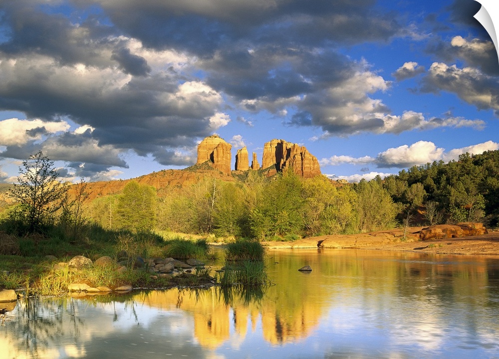 The reflection of Cathedral Rock at Red Rock crossing in Sedona, Arizona on a cloudy day.