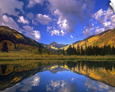 Haystack Mountain reflected in beaver pond, Maroon Bells, Snowmass Wilderness, Colorado