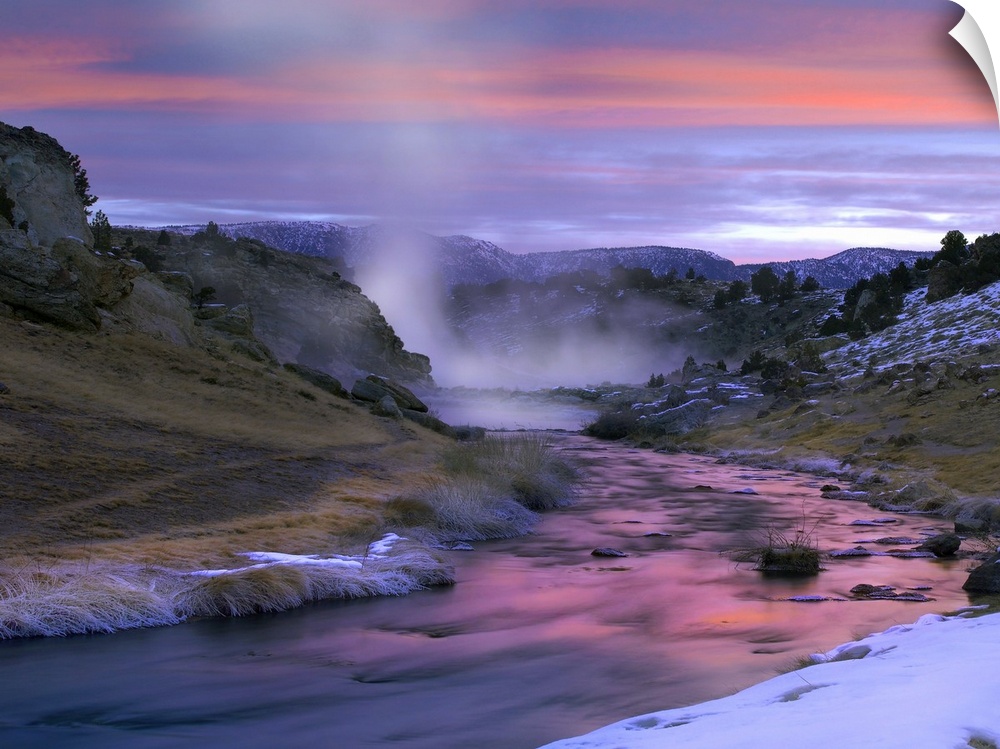 Hot Creek at sunset, natural hot spring in Mammoth Lakes region, eastern Sierra Nevada, California