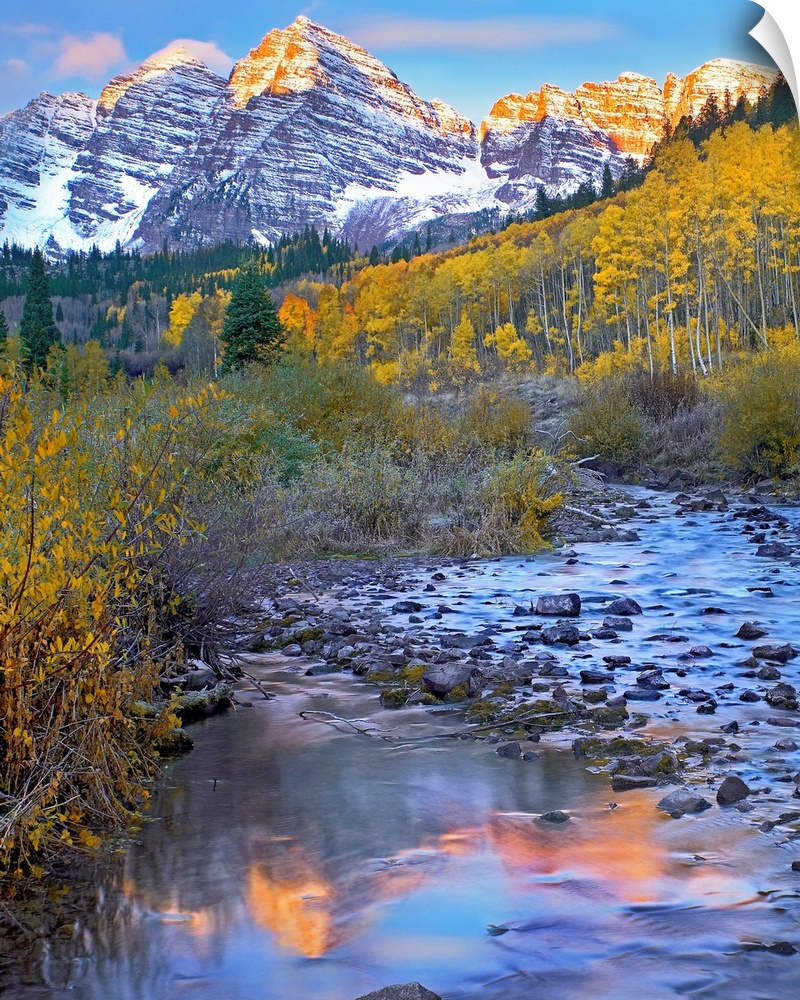 Vertical wall art photograph of a rock filled stream running through an aspen tree filled meadow in the Rocky Mountains.