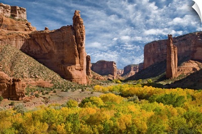 Spider Rock and fall colored trees in river valley, Arizona