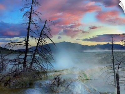 Steam rising from Mammoth Hot Springs, Yellowstone National Park, Wyoming