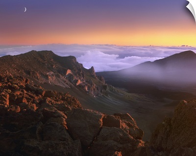 Sunrise and crescent moon overlooking Haleakala Crater, Maui, Hawaii