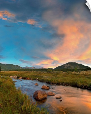 Sunset over river and peaks in Moraine Park, Rocky Mountain National Park, Colorado