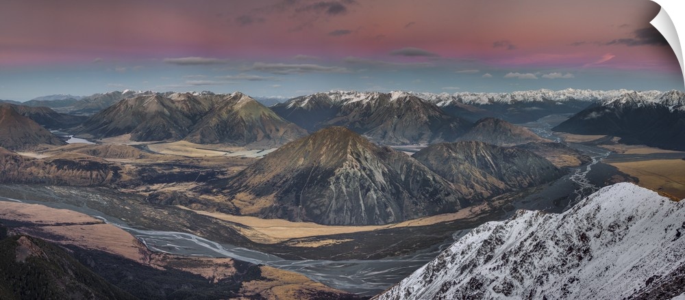 Waimakariri River basin in pre-dawn alpenglow, New Zealand