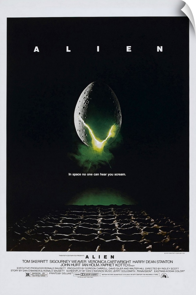 Big vertical movie advertisement for the 1979 film, Alien, starring Tom Skerritt and Sigourney Weaver.  A large egg is cra...