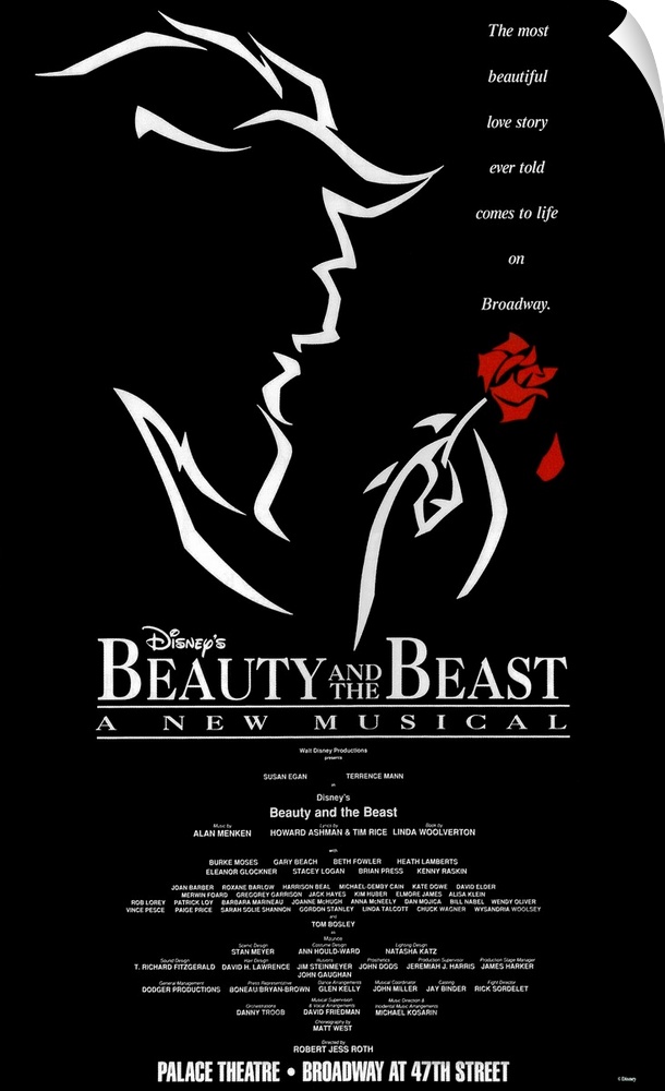 A simplistic poster for the Broadway performance of "Beauty and the Beast". It shows an outline of the beast holding a red...