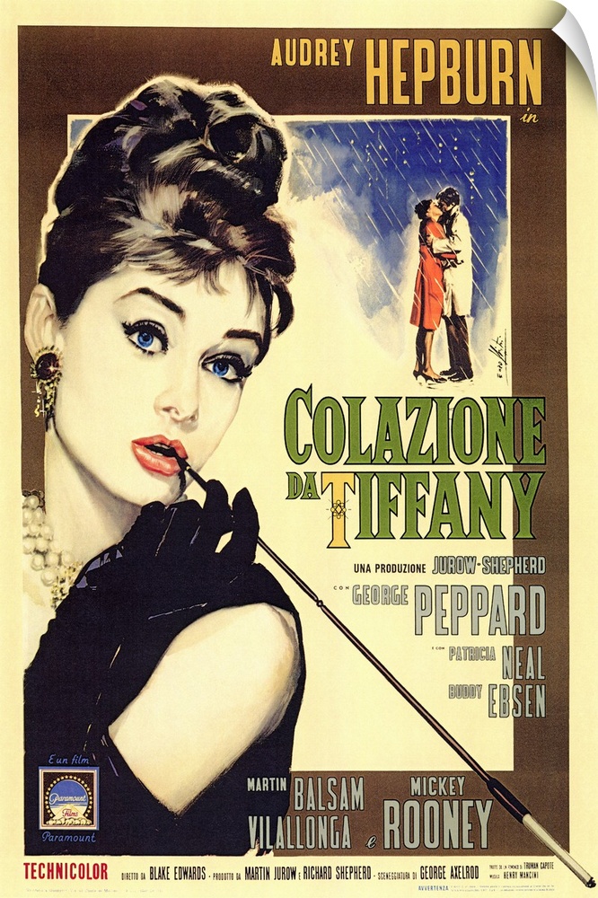This is the Italian version movie poster for Breakfast at Tiffany's. Audrey Hepburn largely takes up the poster as she smo...
