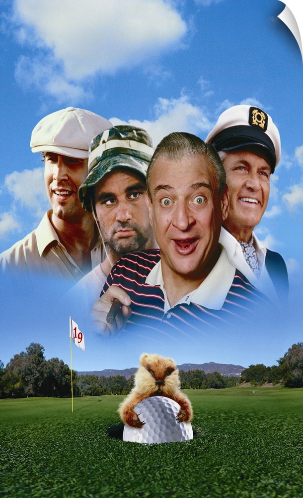 Movie poster for the 1980 Hollywood movie Caddyshack with the four main stars superimposed in the sky and the famous gophe...
