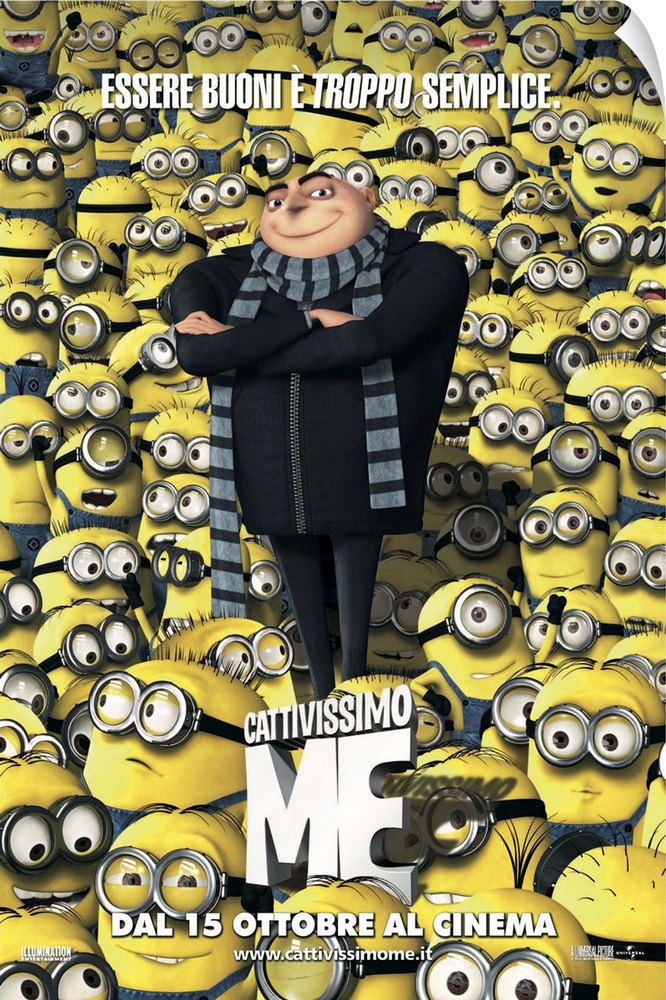 Movie poster for "Despicable Me" in Italian. The main character of the film is surrounded fully by his yellow minions.