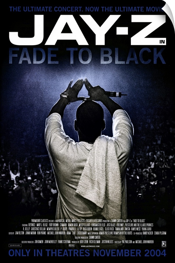 Vertical movie advertisement for the 2004 film, Fade to Black, starring Jay-Z.  Jay-Z stands facing an audience in the dar...