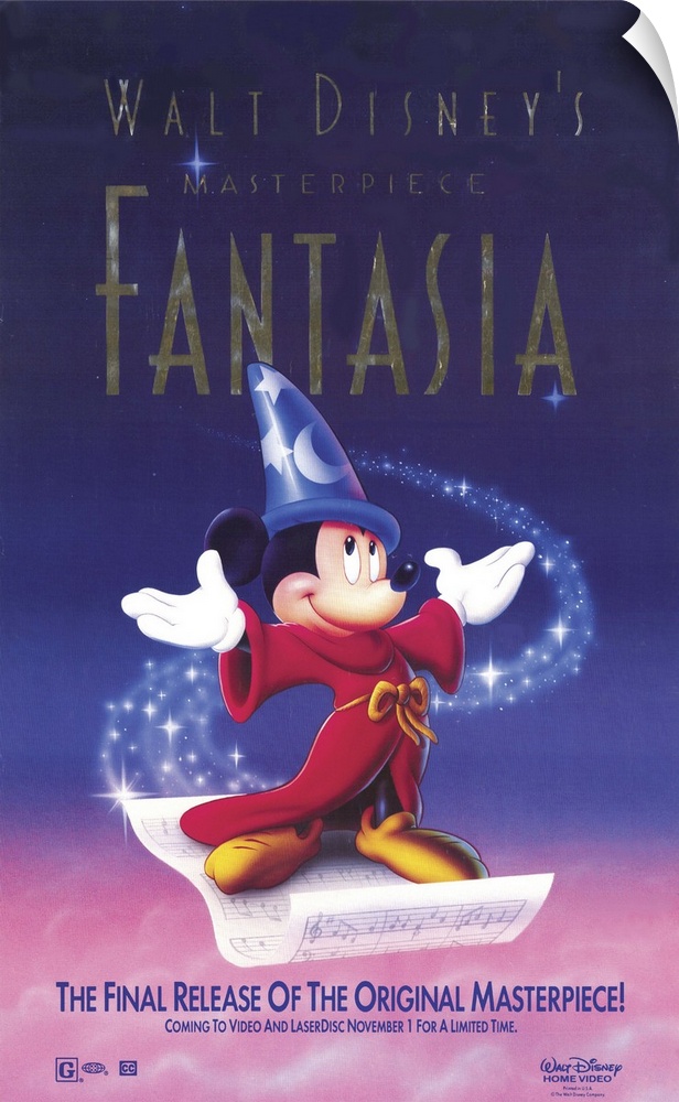 Movie poster for Disney's 1940 film Fantasia. Mickey wears a red robe and blue pointy hat as he stands on a sheet of music.