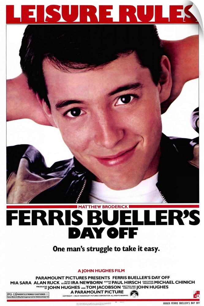 Movie poster of "Ferris Bueller's Day Off" with Matthew Broderick taking up majority of the poster and the text "Leisure R...