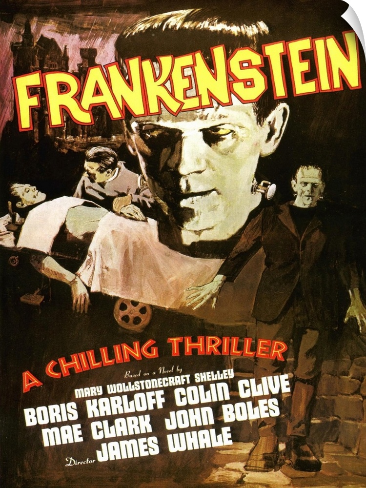 Movie poster for the classic movie "Frankenstein". It shows a close up of only his head, him lying on the table with the d...