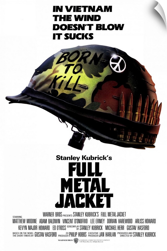 Poster for the hit movie "Full Metal Jacket". A military helmet is pictured with a peace sign on it, a round of bullets on...