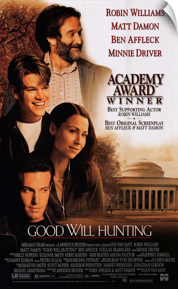 The movie poster for Good Will Hunting showing all of the main characters on the left side with a view of a college buildi...