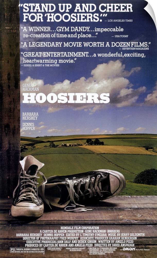 Movie poster for the movie Hoosiers that depicts a pair of black Chuck Taylor high top sneakers in a barn overlooking the ...