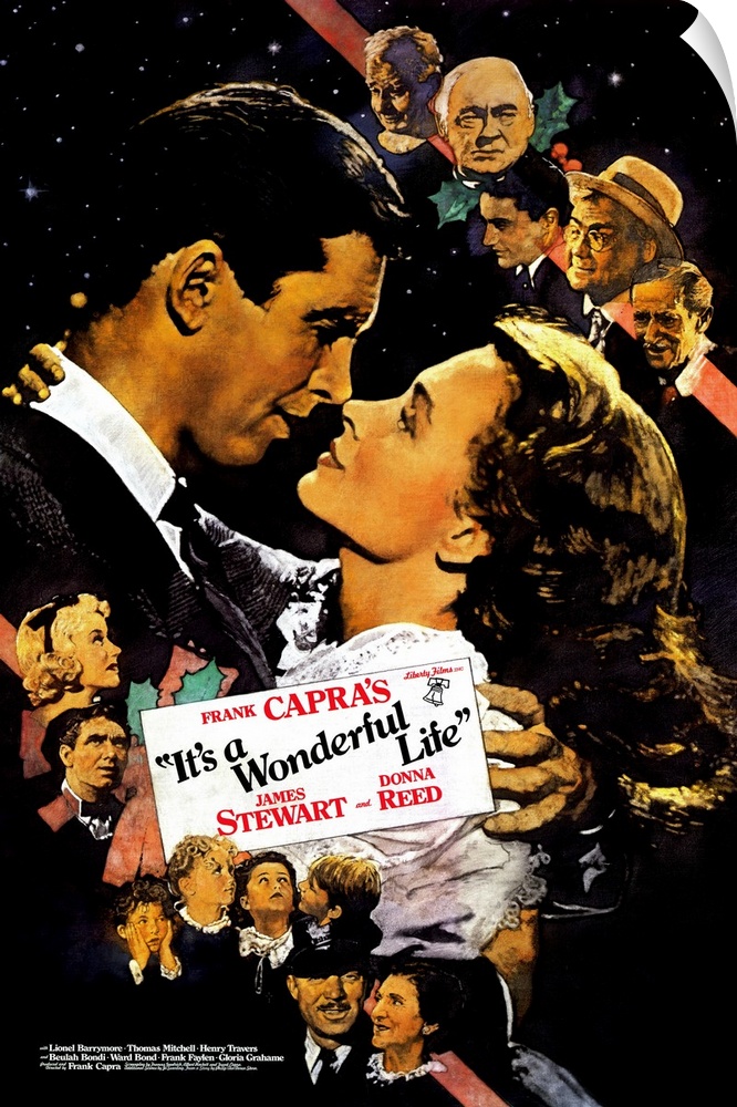 Vertical movie advertisement on a large wall hanging for "It's a Wonderful Life".  James Stewart and Donna Reed embrace in...