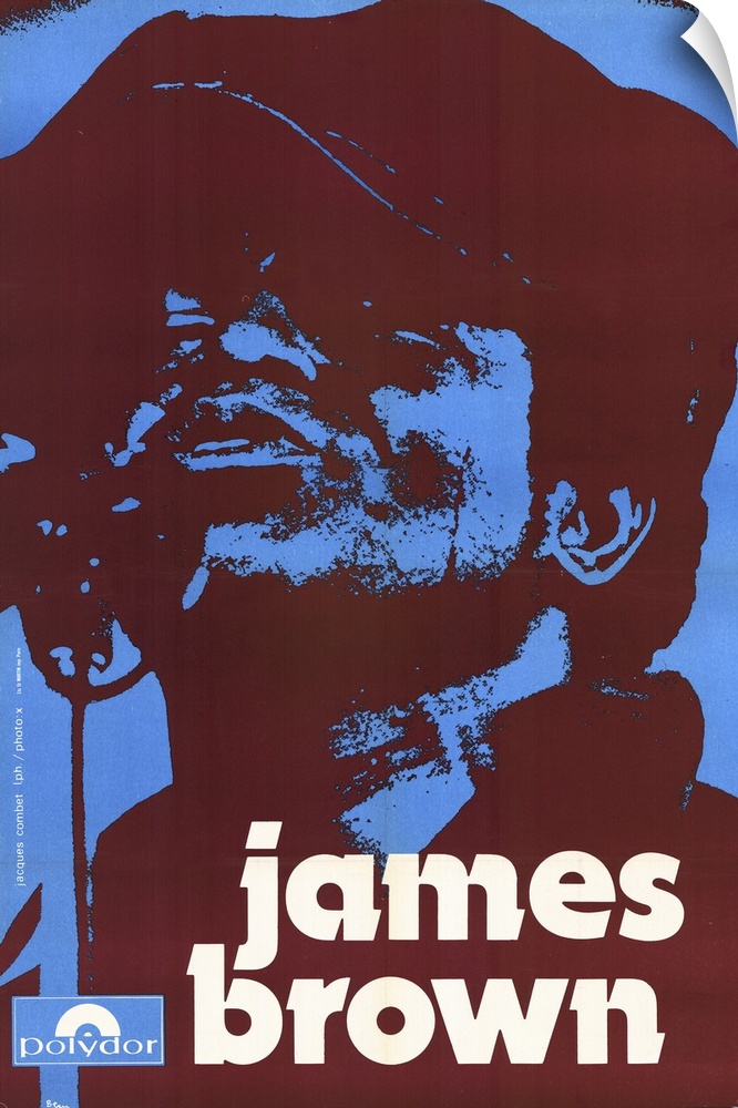 A vintage poster of James Brown that uses only blue and a deep red color to silhouette his portrait.