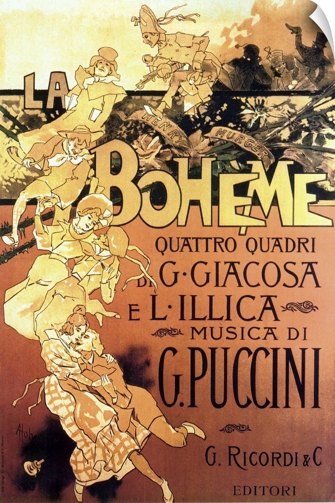 Portrait vintage advertisement for the opera, La Boheme, from 1965.  Imagery includes a vertical line of illustrated chara...