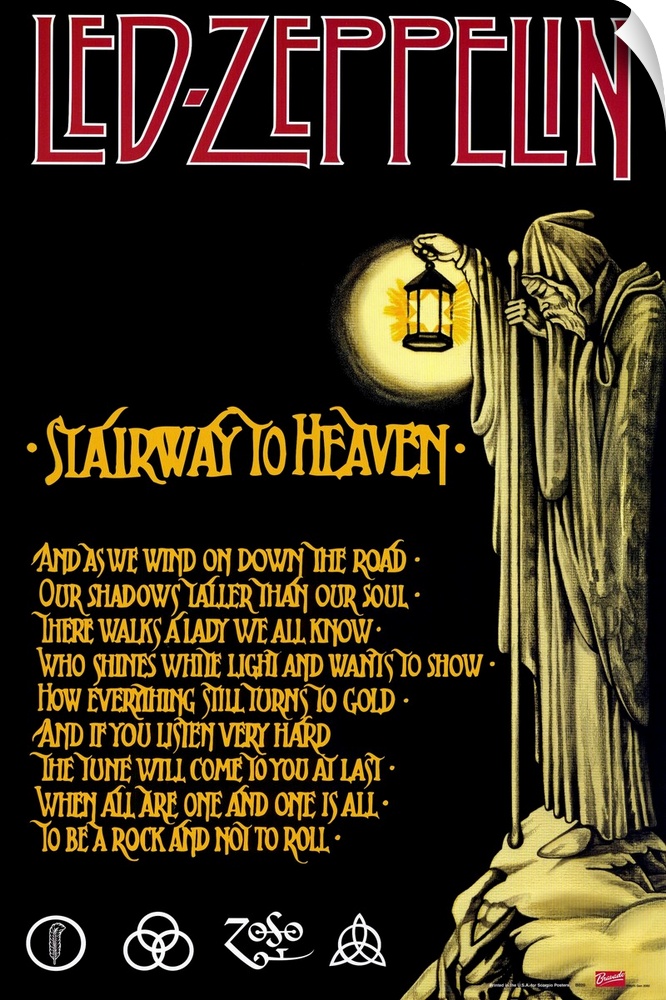 Vintage poster of English rock band's song lyrics with grim reaper holding lantern and standing on rocky ledge at night.